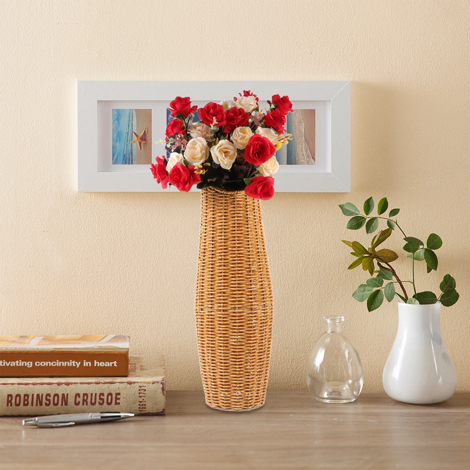 

Simple Woven Flower Holder Imitation Rattan Floor Vase Stylish Plastic Plant Pot for Indoor Outdoor Decorative Use