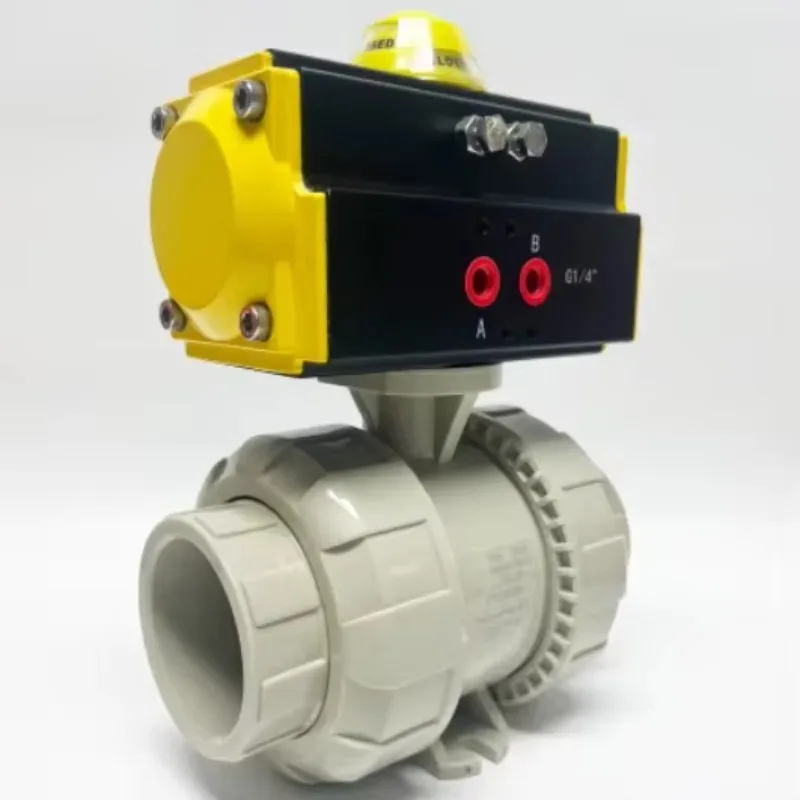 

Лидер продаж, шаровой кран из ПВХ двойного действия с контролем потока, настоящий соединитель, 2-ходовой пневматический водяной OEM PN1,0 МПа, средняя температура