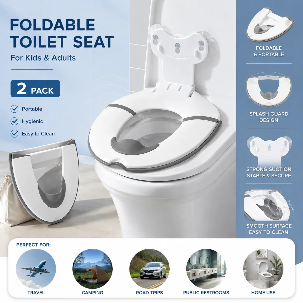 

2 Pack Foldable Kids Toilet Seat Portable Potty Trainer With Splash Guard Suction Cup Base Universal Design Fits Most Toilets