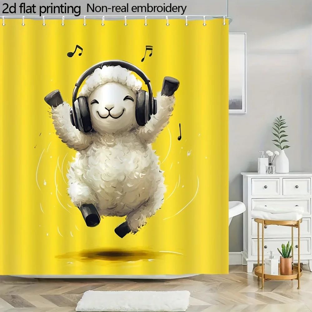 Cute Cartoon Sheep Shower Curtain, Dancing Lamb with Headphones, Funny Music Animal Print, Yellow Waterproof Polyester Bathroom