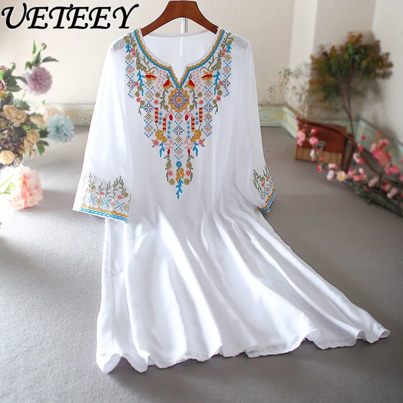 Summer Flared Half Sleeves Beach Dress Women's Retro Ethnic Style Machine Embroidery Mid-Length Loose Leisure Slimming Dresses