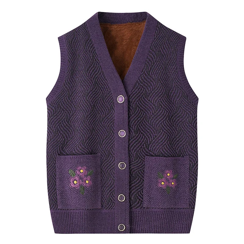 Grandma\'s Spring Autumn Warm Knit Jacket Middle Aged Mother Camisole Sweater Embroidered V-neck Cardigan Vest For Women XL-5XL