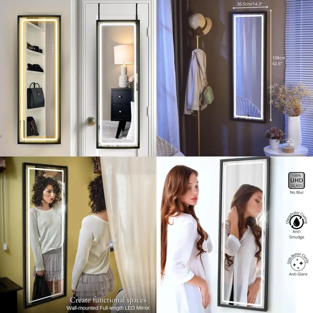 กระจกติดผนังแบบมีไฟ LED, ขนาด 42.5 x 14.4 นิ้ว กระจกติดประตูแบบเต็มตัวขนาดใหญ่ พร้อมปรับความสว่างได้