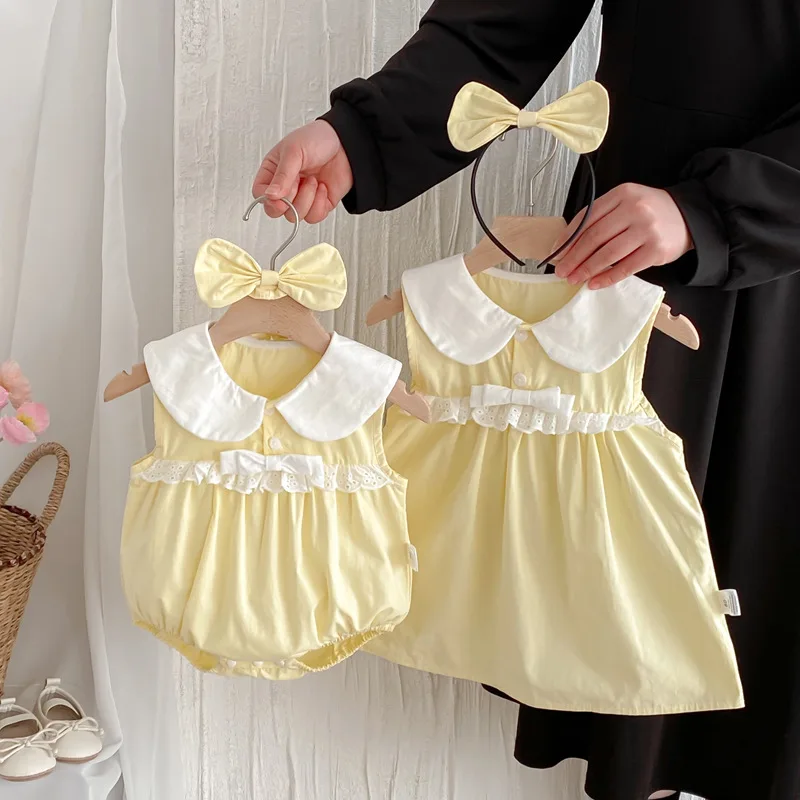 ZOETOPKID New Summer Baby Clothes Girls Yellow Peter Pan Collar Bodysuit Sleeveless Lace Sweet Dress Twins Sisters Rompers