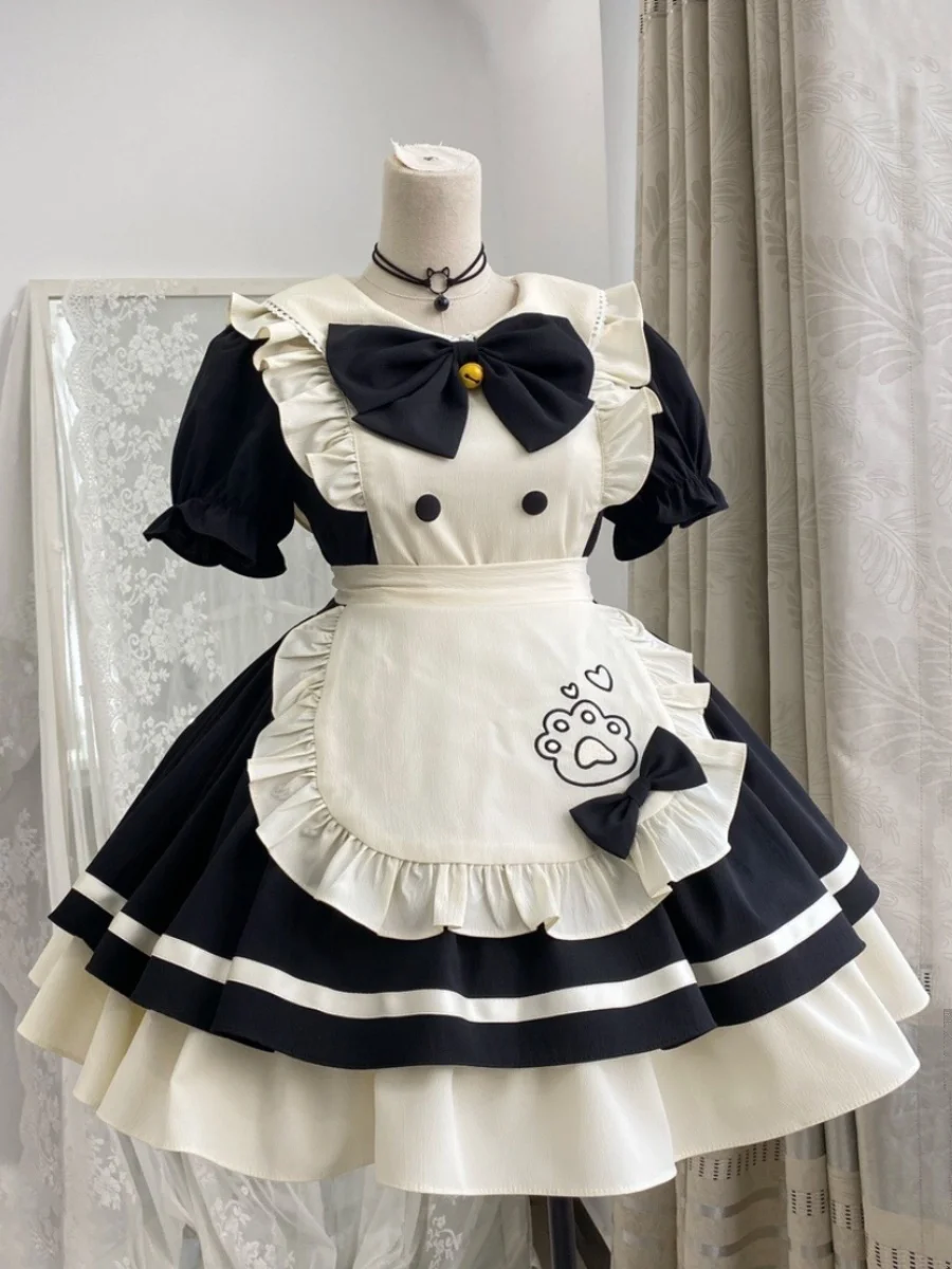 Doux mignon grande taille femme de chambre Lolita Restaurant ami t-shirt couleur cloche ort Sve tablier Dr ensemble chinois Sle dentelle a-li...