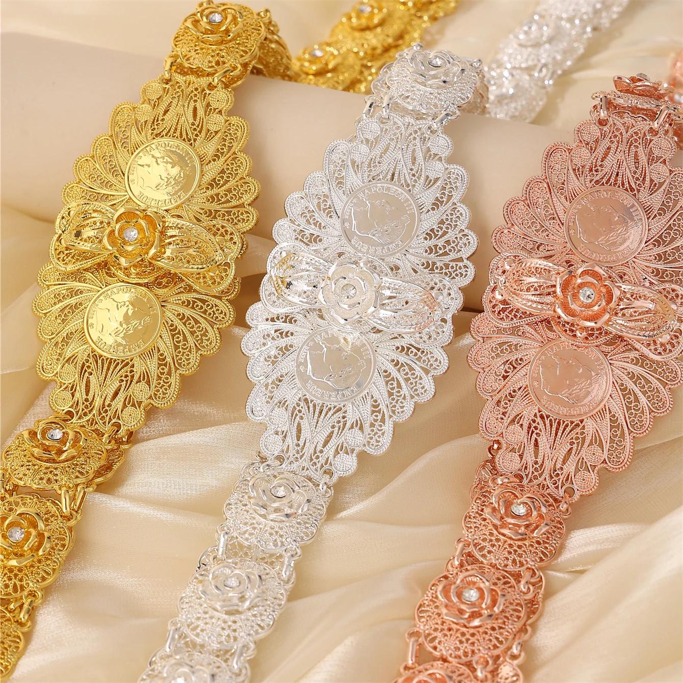 

Algerian Women'S Gold Plated Metal Belt Hand-Carved Floral Shapes Traditional Arab Festival Bride Wedding Belt Chain Jewelry