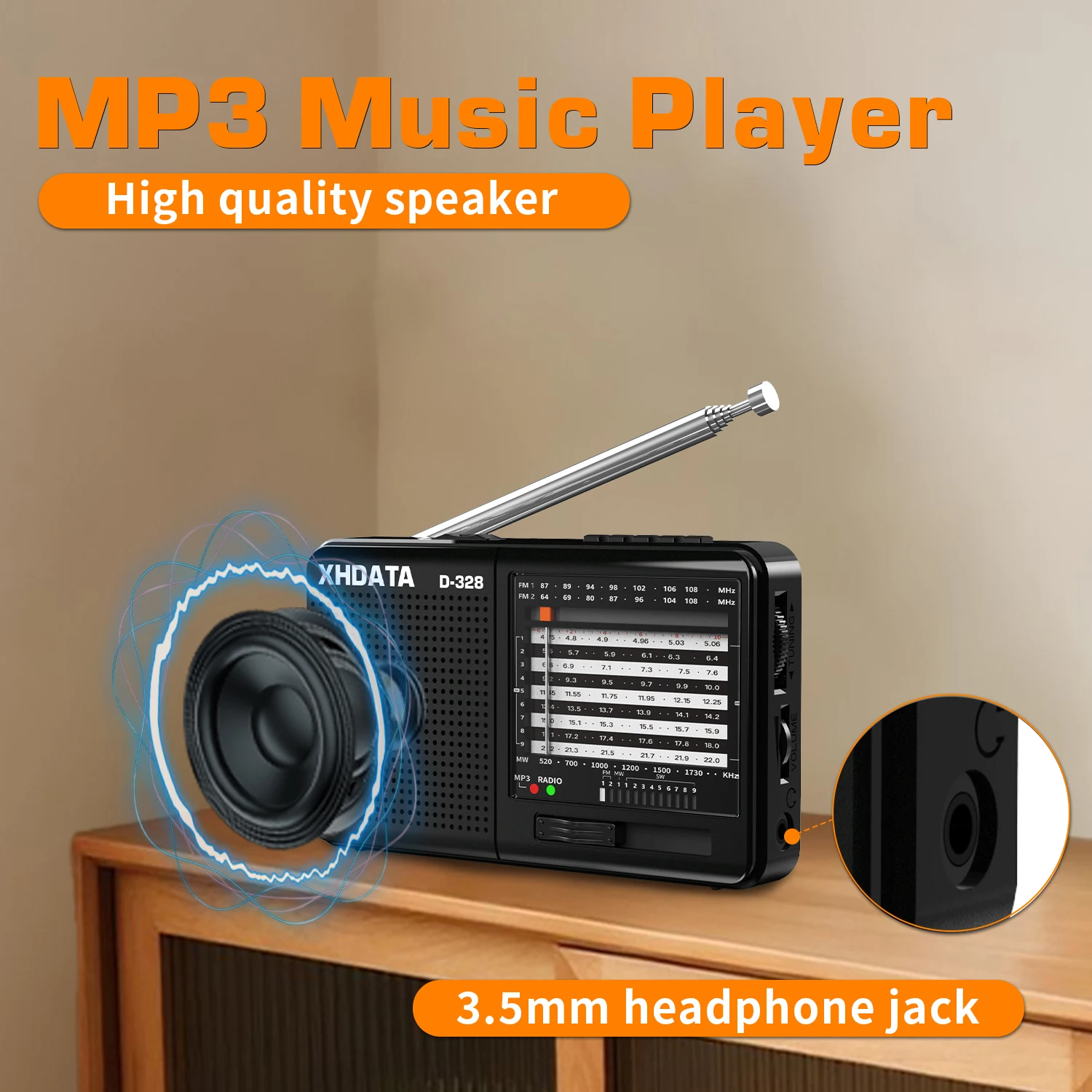 XHDATA D-328 Radio FM AM SW Radio portatile a onde corte lettore MP3 con scheda TF Jack ricevitore Radio 4Ω/3W