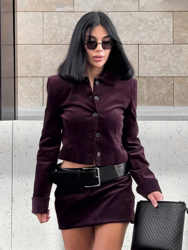 HH TRAF 2024 Woman Set Turn-Down Collar Long Sleeve Single-Breasted Coats+High Waist Belt Zipper Skirts Autumn Suit Woman Trendy