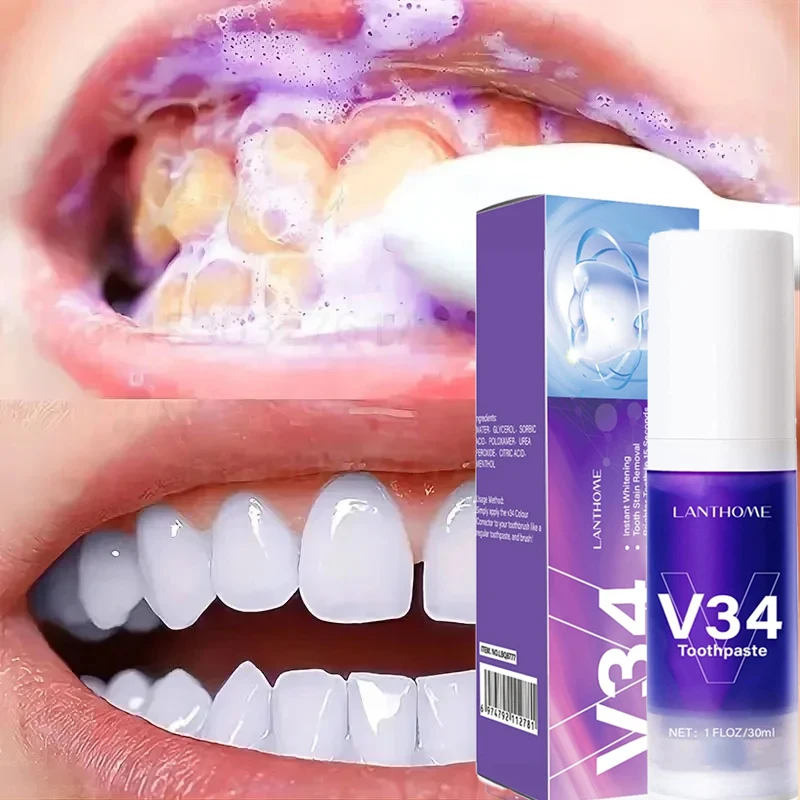 V34 dentifricio sbiancante per denti viola rimuovi macchie di placca calcolo dentale pulizia igiene orale alito fresco strumenti per la cura dei