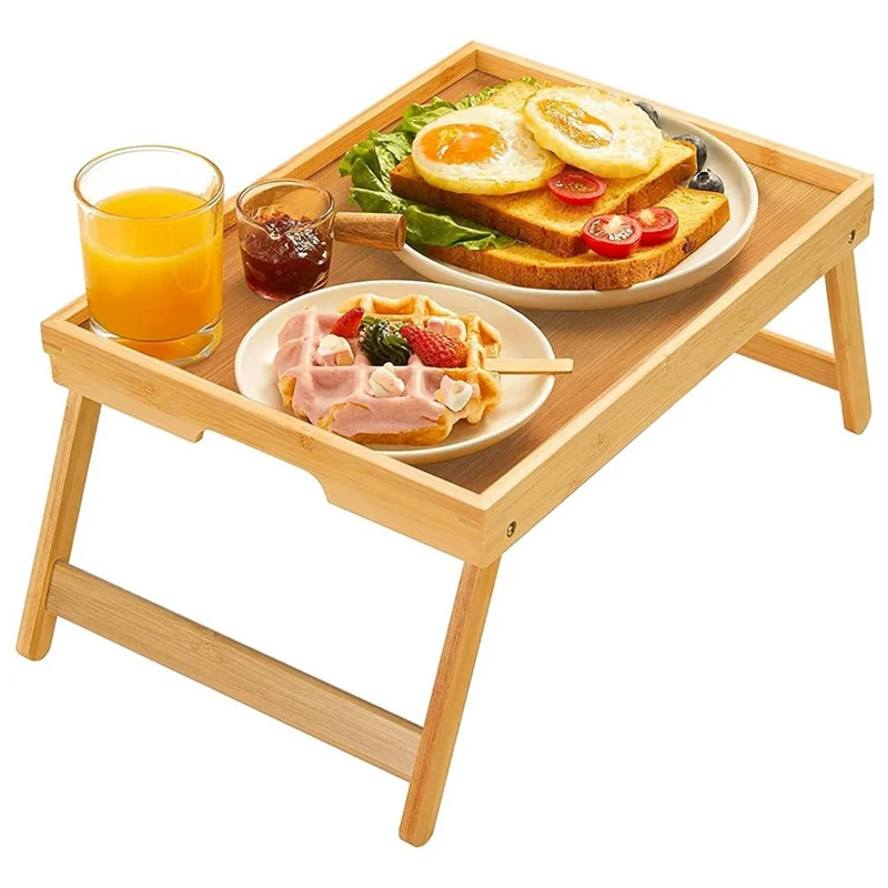 AT69-mesa de bandeja de cama de bambú para uso de aperitivos de escritorio para ordenador portátil con patas plegables, bandeja de desayuno para sofá, comer en la cama, trabajar