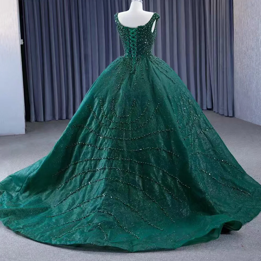 Vestido de noche verde sin mangas personalizado con cordones en la espalda con lentejuelas y perlas con cuello redondo para mujer