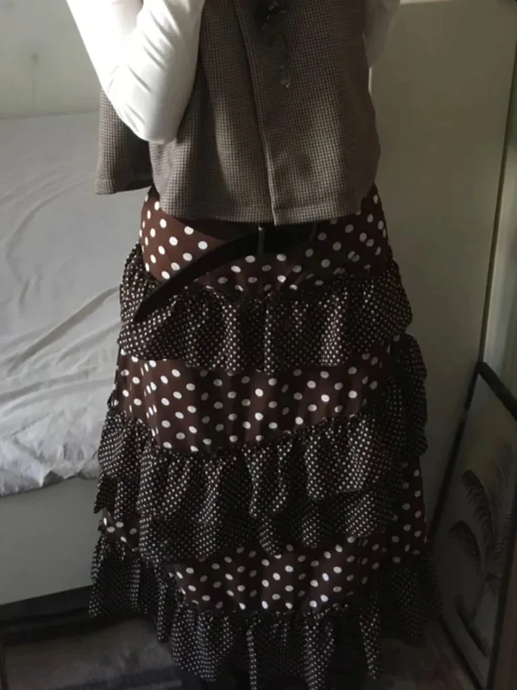 Japanese Sweet Long Skirt Women Kawaii Polka Dots Vintage Spring Cake Skirts Cute Patchwork Loose Casual Harajuku Student Skirt