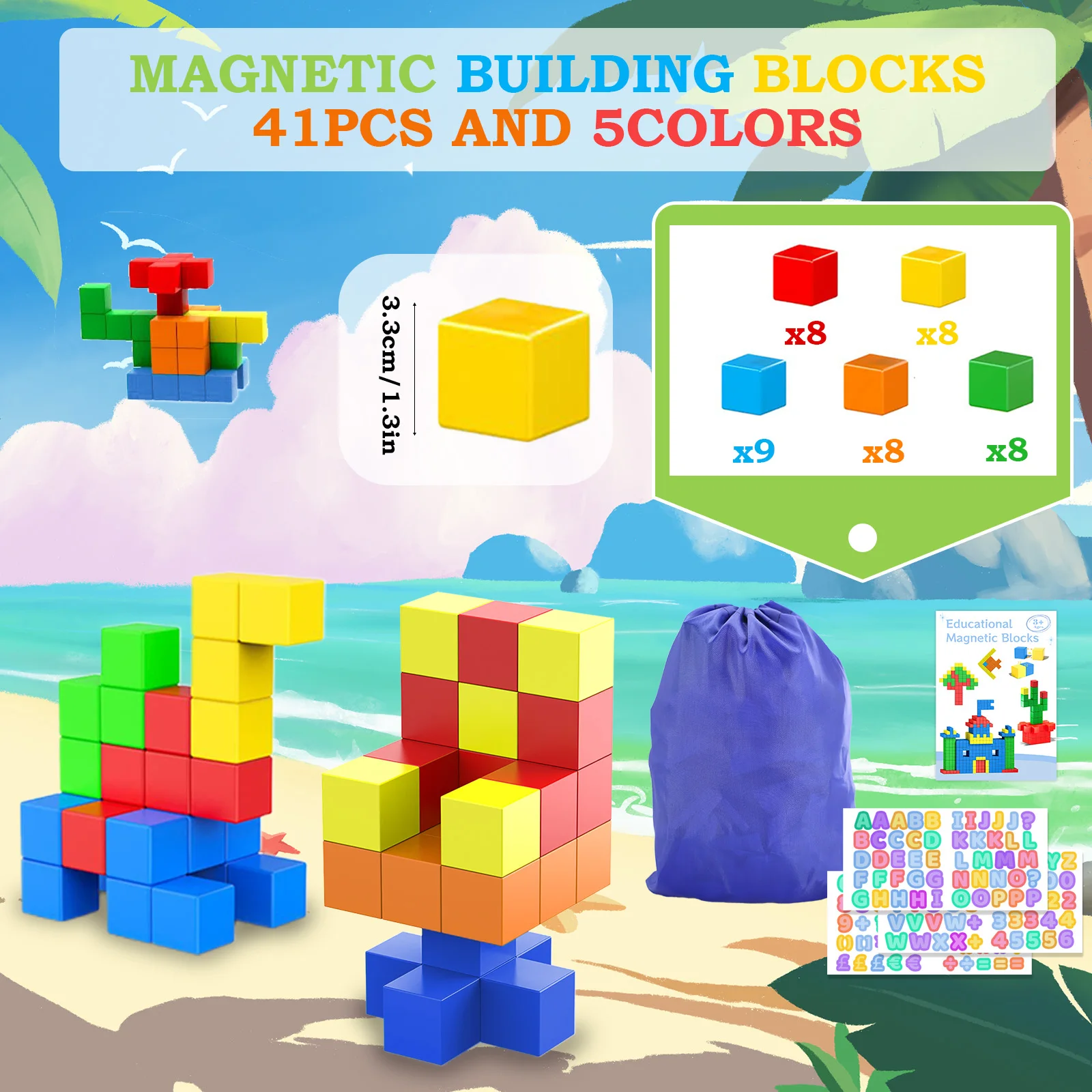 ثلاثية الأبعاد حجم كبير 41 قطعة اللبنات المغناطيسية 1.3In/3.3 سنتيمتر ألعاب مغناطيسية للبنين والبنات مكعبات البناء التعليمية لمرحلة ما قبل المدرسة