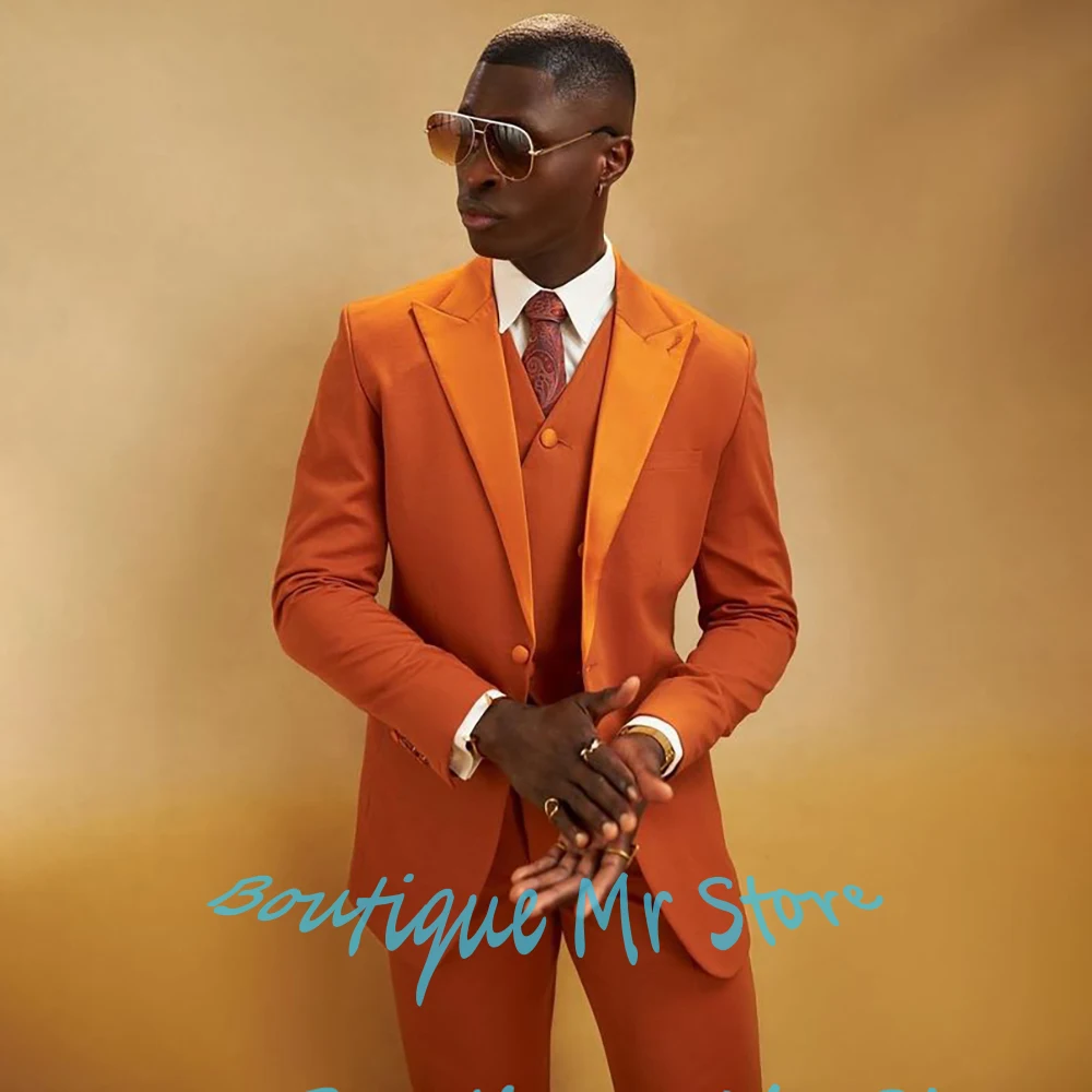 

Formal Men's Orange Three-Piece Suit Jacket+Pants+Vest Stylish Elegant Attire for Wedding Party and Special Events