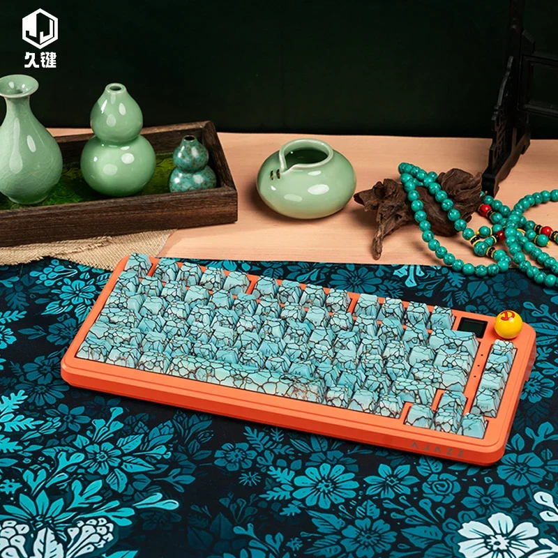 ターコイズ、クラック、模造セラミック、キーキャップ均一光透過、サイド刻印キーキャップ、ターコイズキーキャップ