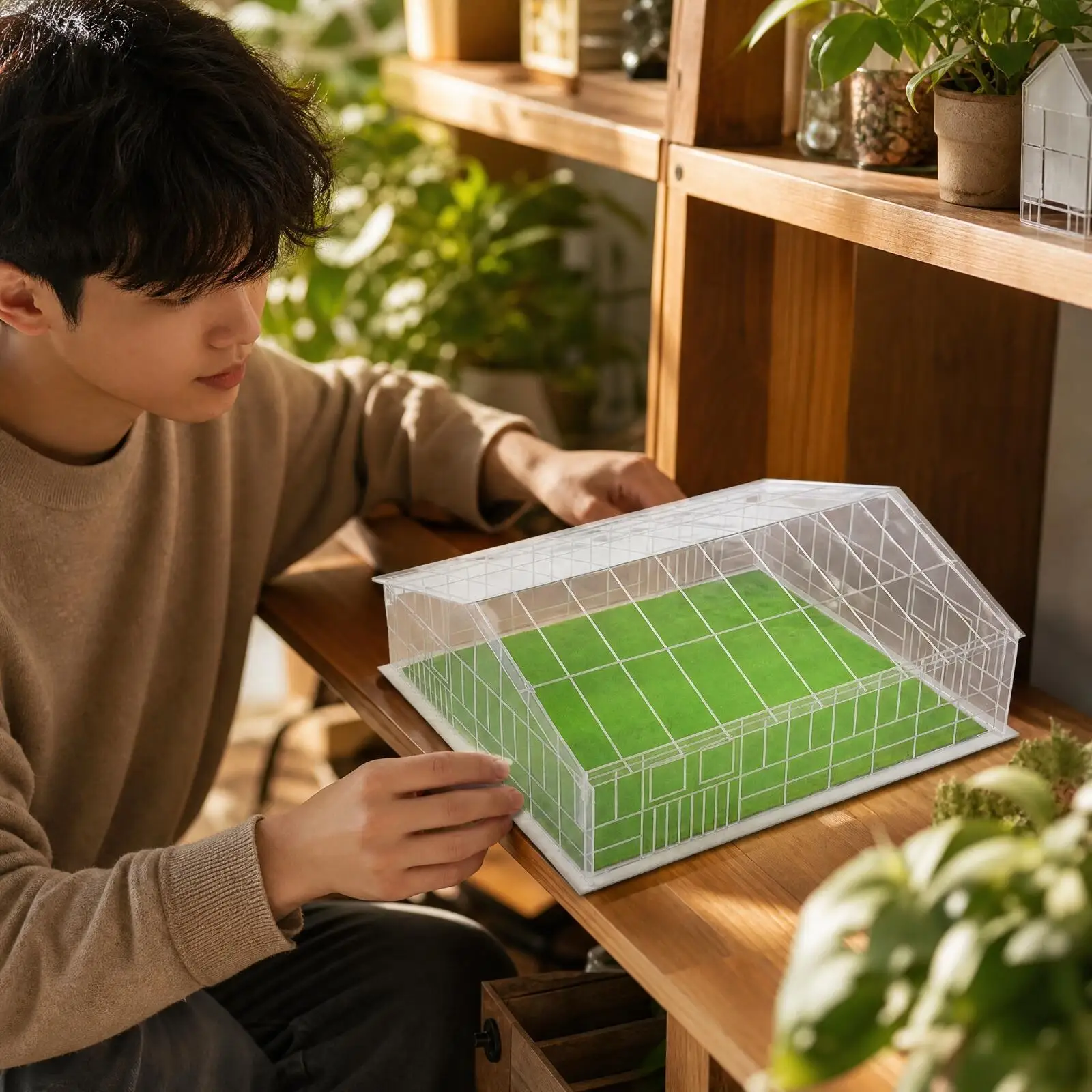 DIY Assembly Greenhouse Model with Reinforced Base and Transparent Panels for Hobbyist Display and Decor Use