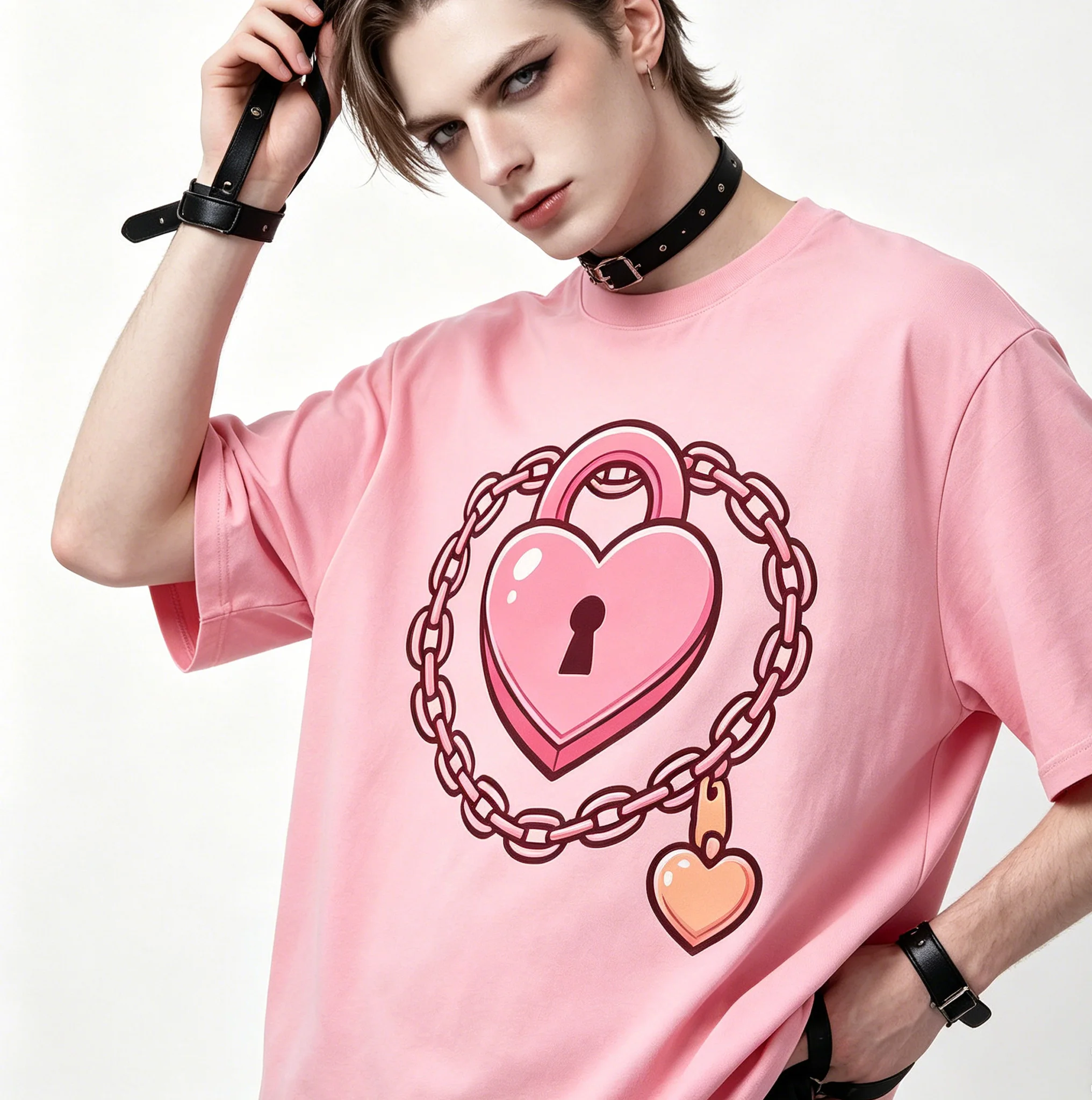 LGBT Oversize Black Locked Pet Boy Chastity Tee Metal Cage Effeminate Femboy Kitten Otokonoko Street Top