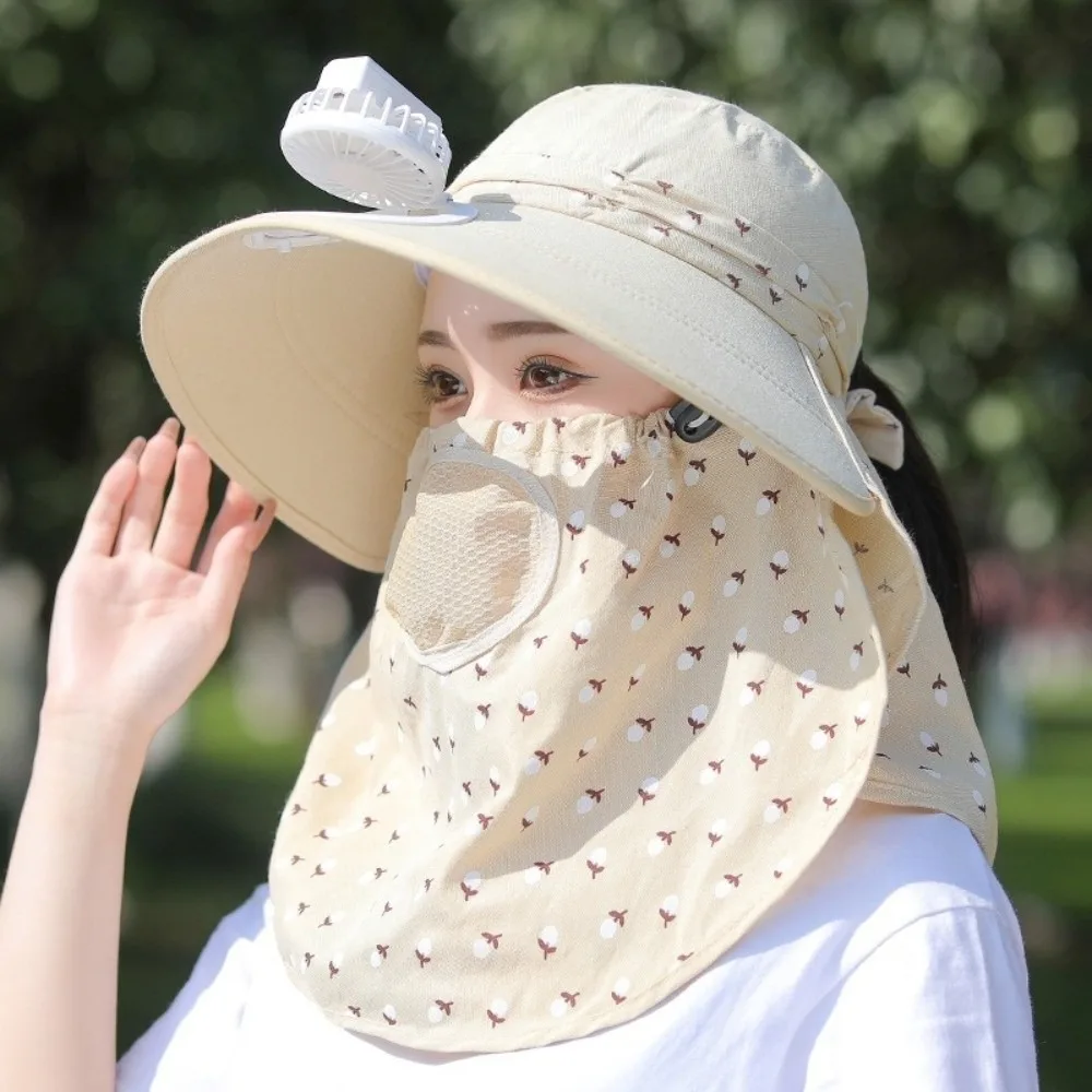 Windproof Electric Fan Bucket Hat Full Face Cover UV Protection Tea Picking Hat With Neck Flap Sunscreen Women Sun Hat Hiking