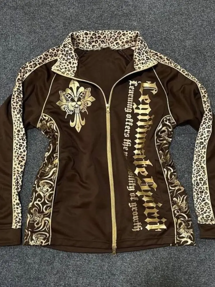 

Retro Vintage Punk Ro Harajuku Subculture Leopard Print Sweatirt Jaet Y2K Slim Fit Long Sve Zipper Closure ex