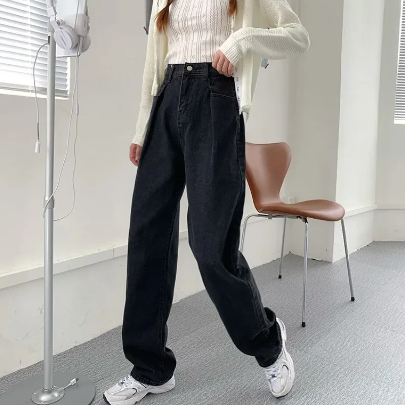 Women Black High Waist Oversized Denim Pants Vintage Wide Legs Straight Jeans 2023 Spring New Casual Long Trousers Korean Style