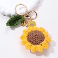 Big Sunflower Leaf Knitted yarn Thank you Enamel Keychain Plant Flower Key Ring For Women Teacher Gift Handmade Jewelry Set
