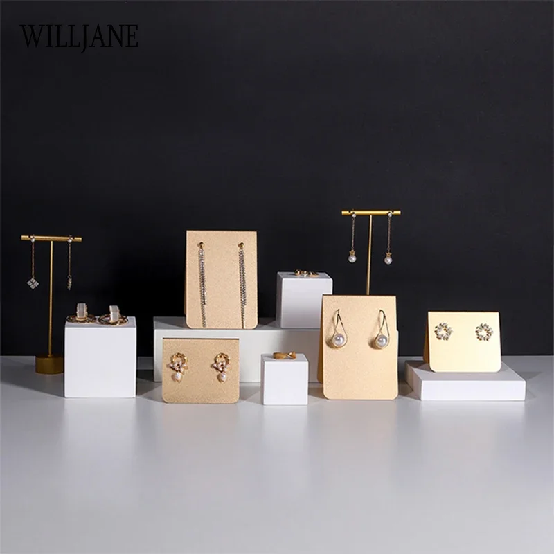 

Metal Stud Dangle Earrings Display Rack T Bar Stand Jewelry Hanger Organizer Holder Eardrop Freestanding Shelf White Resin Block