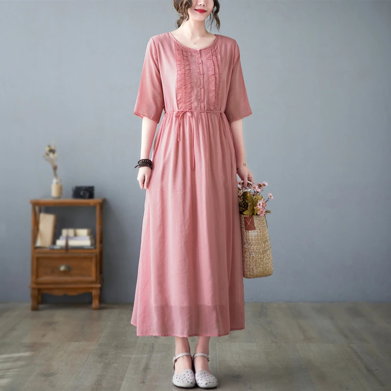 여름용 대형 사이즈 이중 레이어 면 린넨 오부 드레스 루즈핏 슬리밍 벨트 허리 롱 드레스 트렌디 버튼업 A라인...