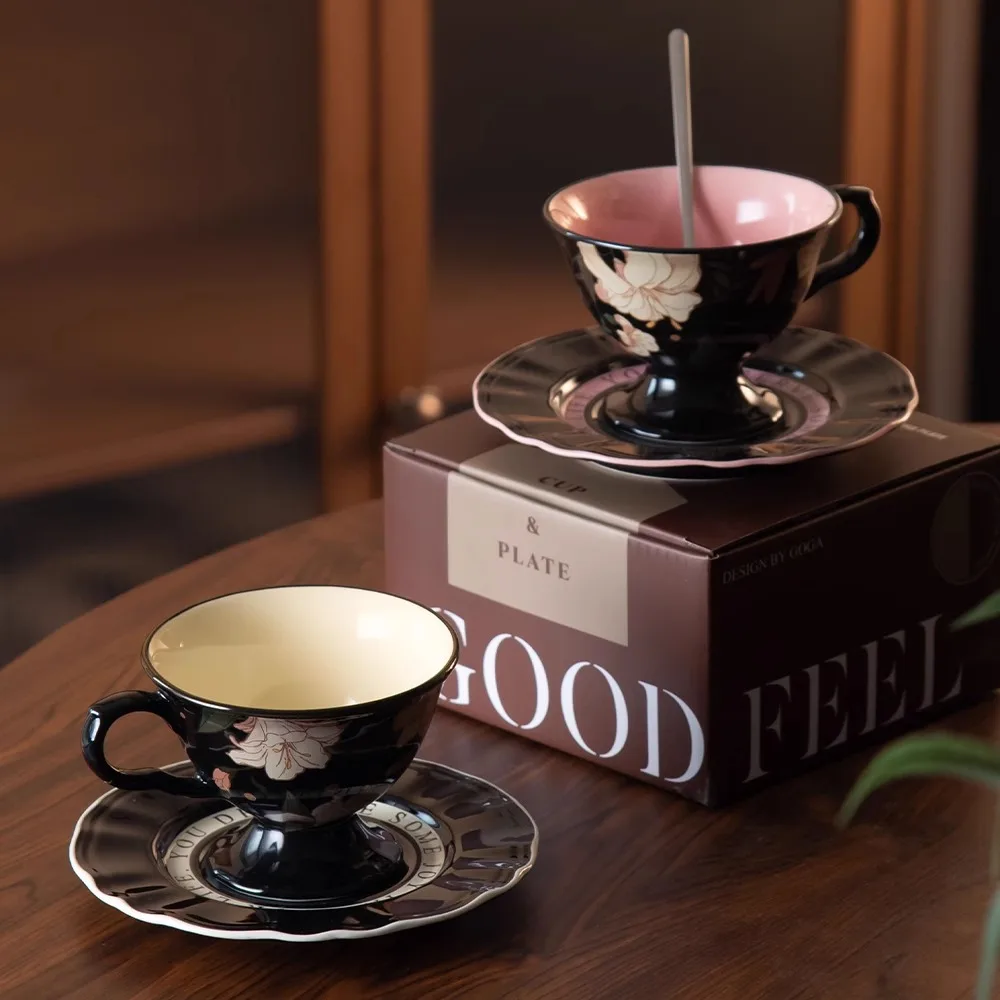 

Luxury Ceramic Coffee Cup Set Vintage High Foot Cup Saucer Elegant Afternoon Tea Gift Box