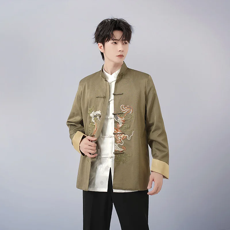 Yourqipao Autumn Dad Dragon Tang Suit Shirt Suit Long Sleeve Tai Chi Chinese Style Morning Exercise Tops Jacket for Men