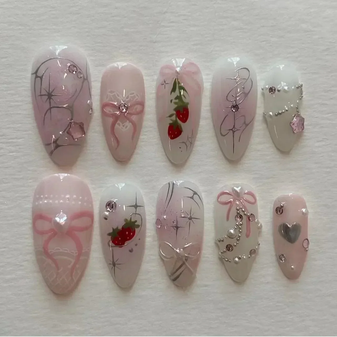 24Pcs False Nails Press on Nails French Almond  with Flower Bow Tie Full Cover Cute Pink Sweet Coral Wearable Manicure Nail Tips