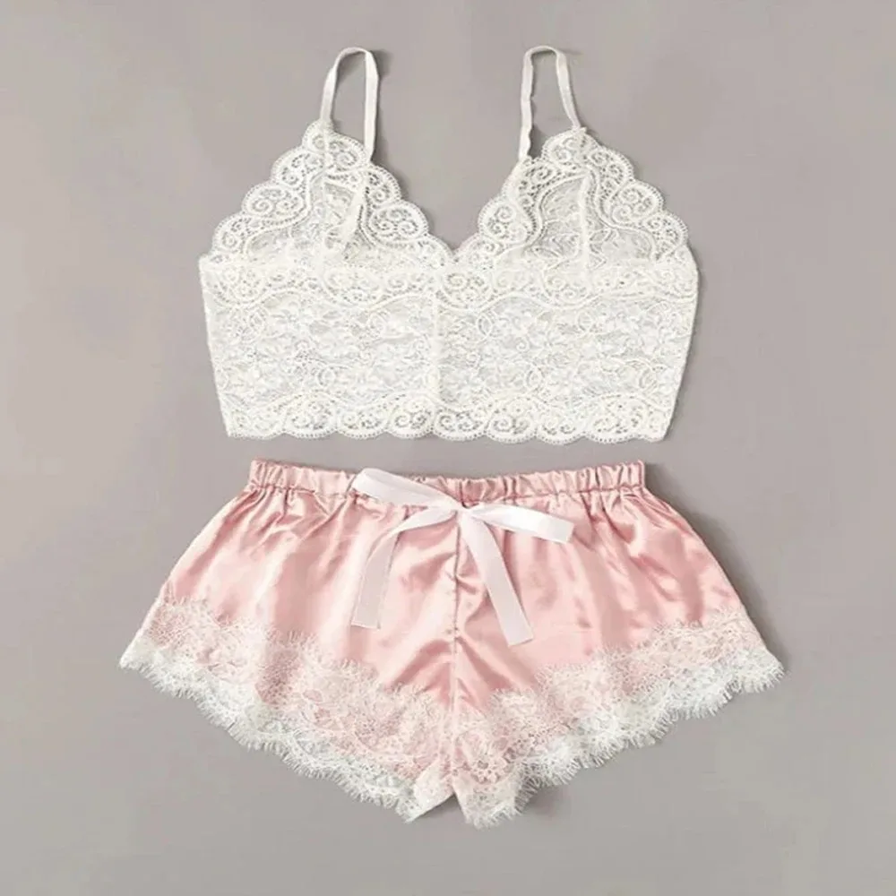 Sexy Lace Silk Sleepwear Two Piece Set of Suspender Shorts for Women Pajamas Set Lingerie Crop Tops Shorts Nightwear