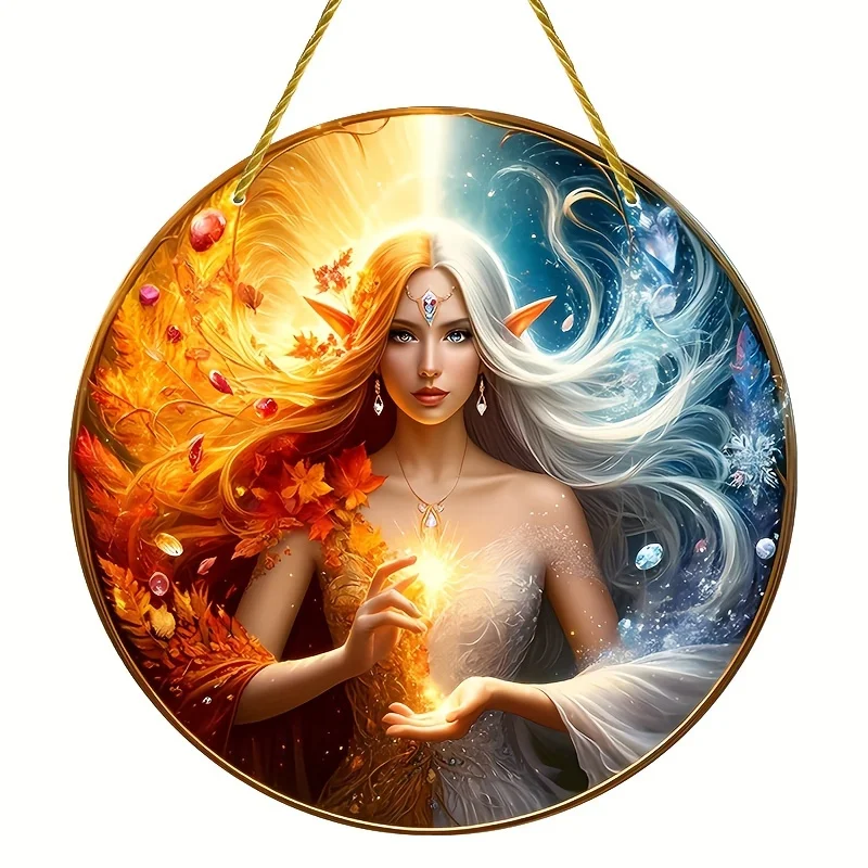 Seasonal Fusion Genie Sun Catcher - 6x6 Inch Round Acrylic Window Hanging with Stained Plastic, Perfect for Home and Porch Decor