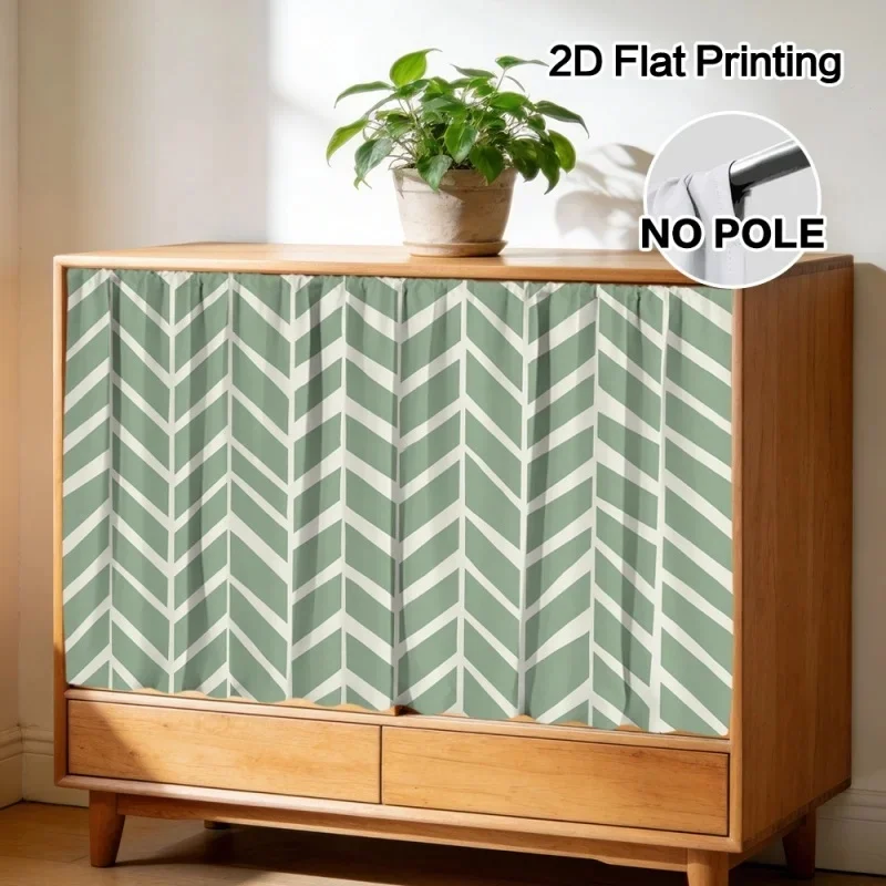 VIKAMA Kitchen Cabinet Curtain Sage Green White Chevron Geometric Print Dust‑Proof Short Curtain for Sink Counter Home Decor