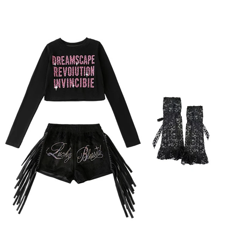 Kids Jazz Dance Costume Girls Long Sleeves Black Tops Tassel Shorts Kpop Modern Hip Hop Dance Performance Clothes Suit BL20211