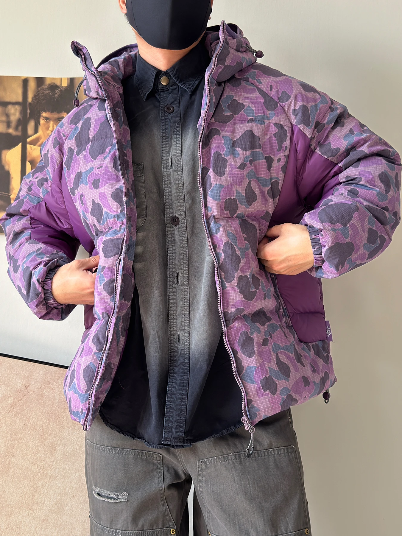 

Thickened American Hooded Purple Camouflage down Jacket Men's Winter Outdoor Casual Warmth Duckling Flocking Nylon Fabric