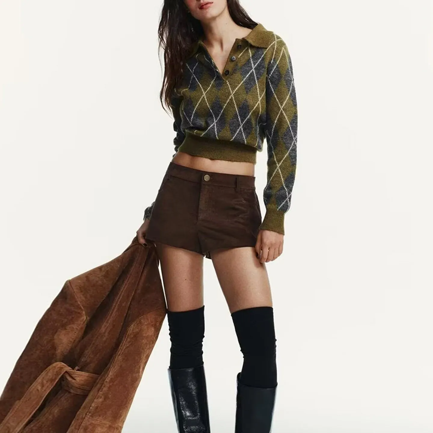 Women's Knitted Long Sleeve Diamond Pattern  Shirt Multi-Color Autumn Fashion Casual Style Button up Top ZADATA 2026 New ...