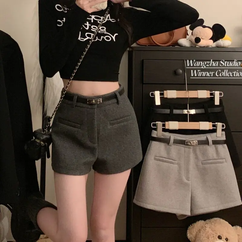 Korean Style Autumn Winter Short Pants Pure Color Woolen A-Line Casual Hot Girl Booty Enhancing High Waist Straight Leg Pants