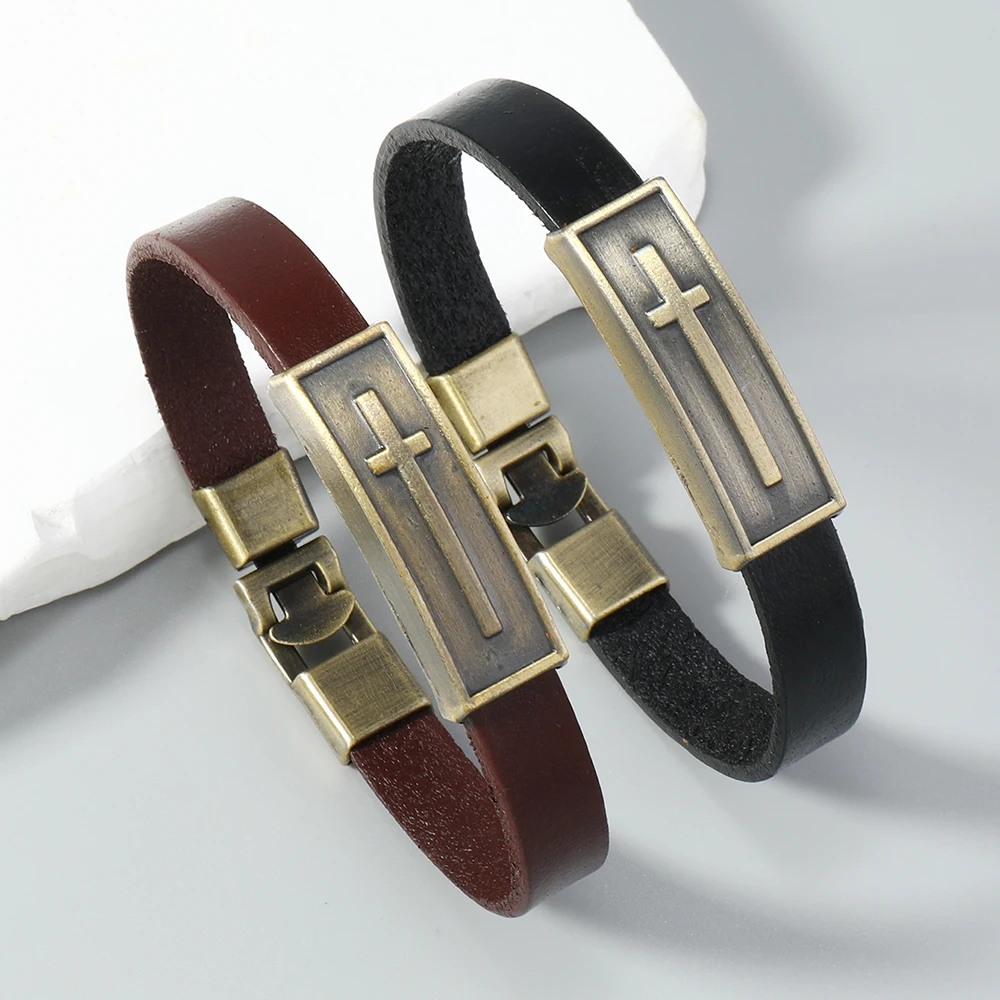 1 Piece Cross bangle vintage leather bracelet for men