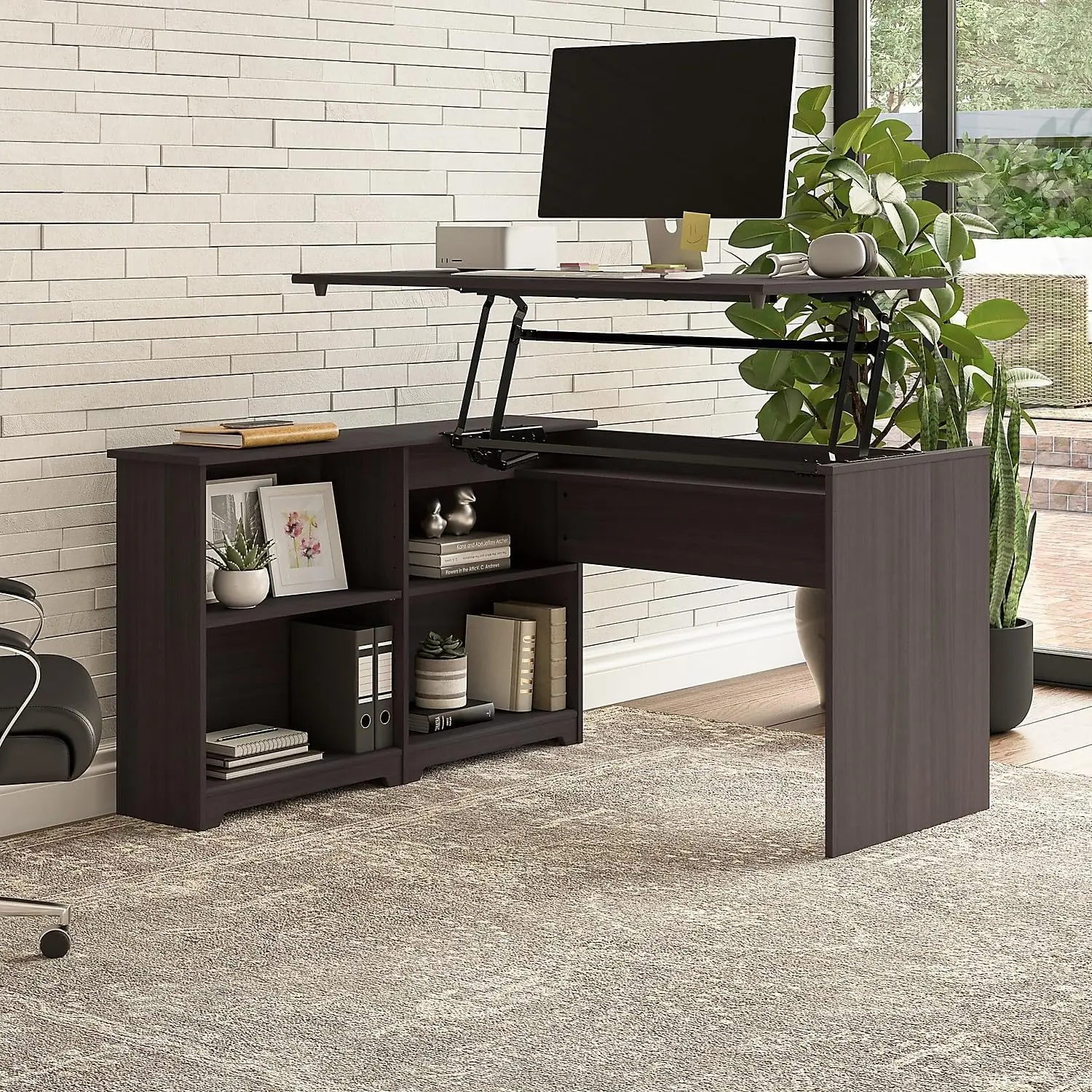 Cabot 52W 3 Position Sit to Stand Corner Desk with Shelves in Heather Gray