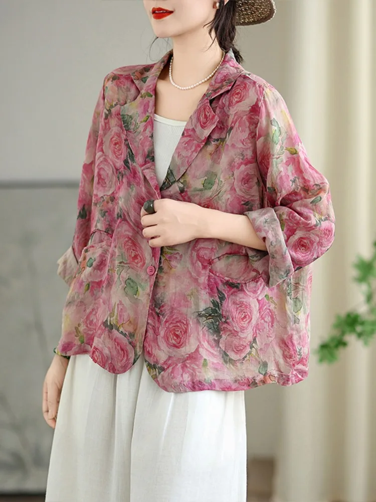 Retro Pink Peony Print Linen Suit Jacket Women's Spring Fashion Thin Cotton Linen Western Style Open Cardigan Top