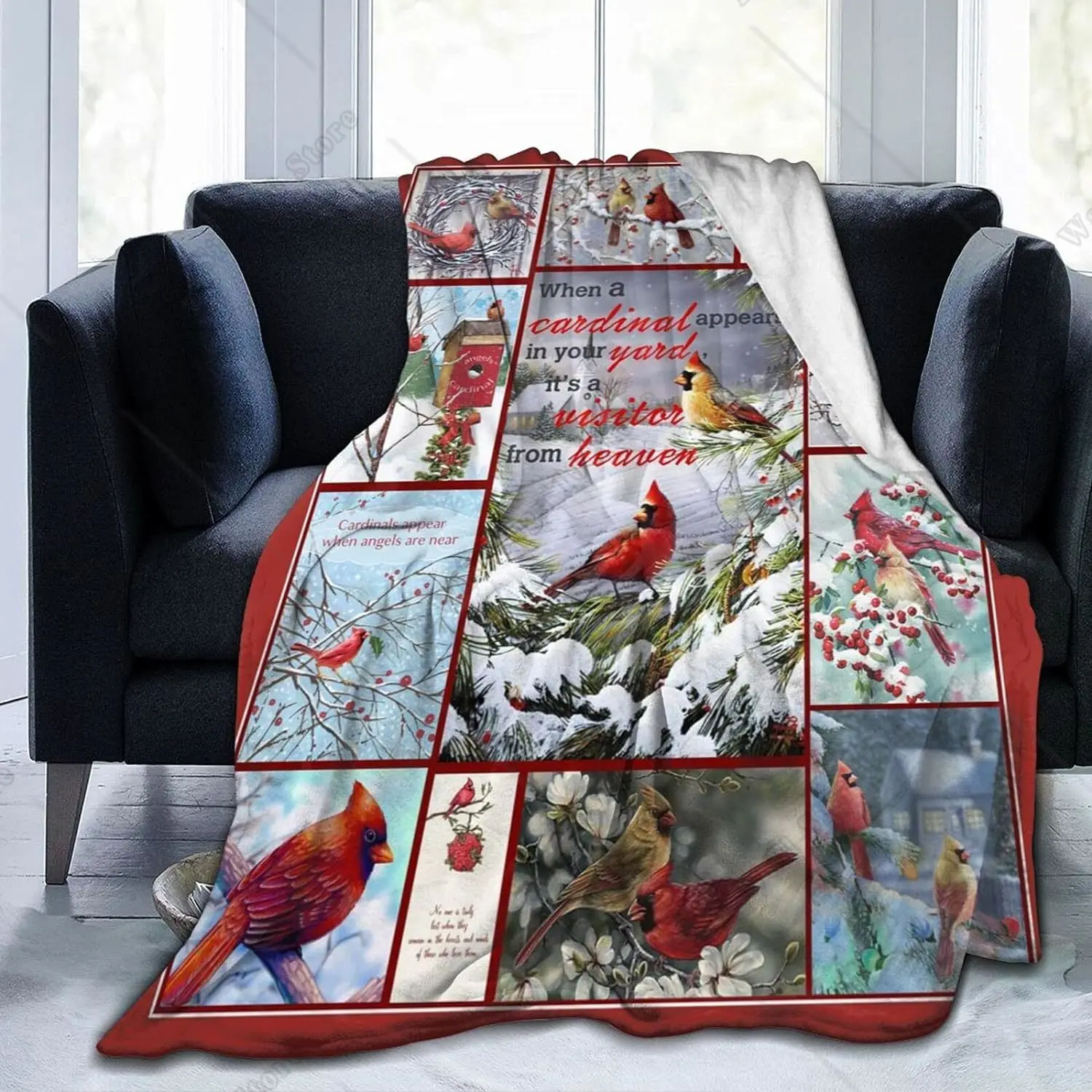 Red Christmas Birds Patchwork  Fleece Sofa Blanket Comfy Camping Lap Blanket Super Soft Noon Break Blanket for Office Home Car