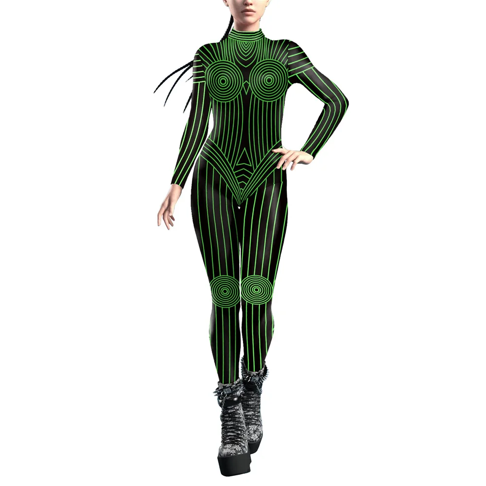 FCCEXIO Carnival Party Geometric Line 3D Print Women Sexy Skinny Jumpsuit Cosplay Costumes Fancy Slim Bodysuit 2023 Monos Mujer