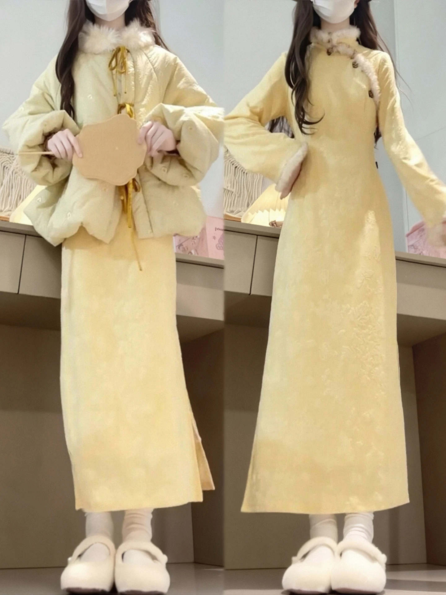 

Желтый хлопковый комплект: куртка и ципао больших размеров для женщин, модный традиционный китайский стиль, теплый зимний комплект одежды