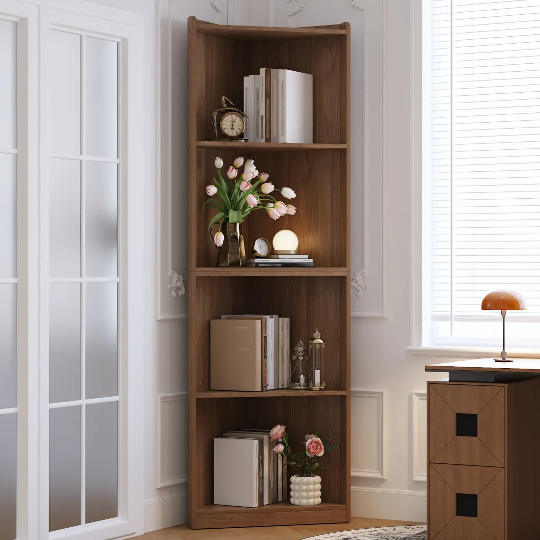 Bibliothèque d'angle en noyer 55x32x180cm – Étagère haute autoportante en MDF avec dispositif anti-basculement – Meuble d'angle haut peu encombrant pour salon, cuisine ou vitrine – Robuste, facile à assembler – Style farmhouse moderne – Idéal pour ranger livres et décorations