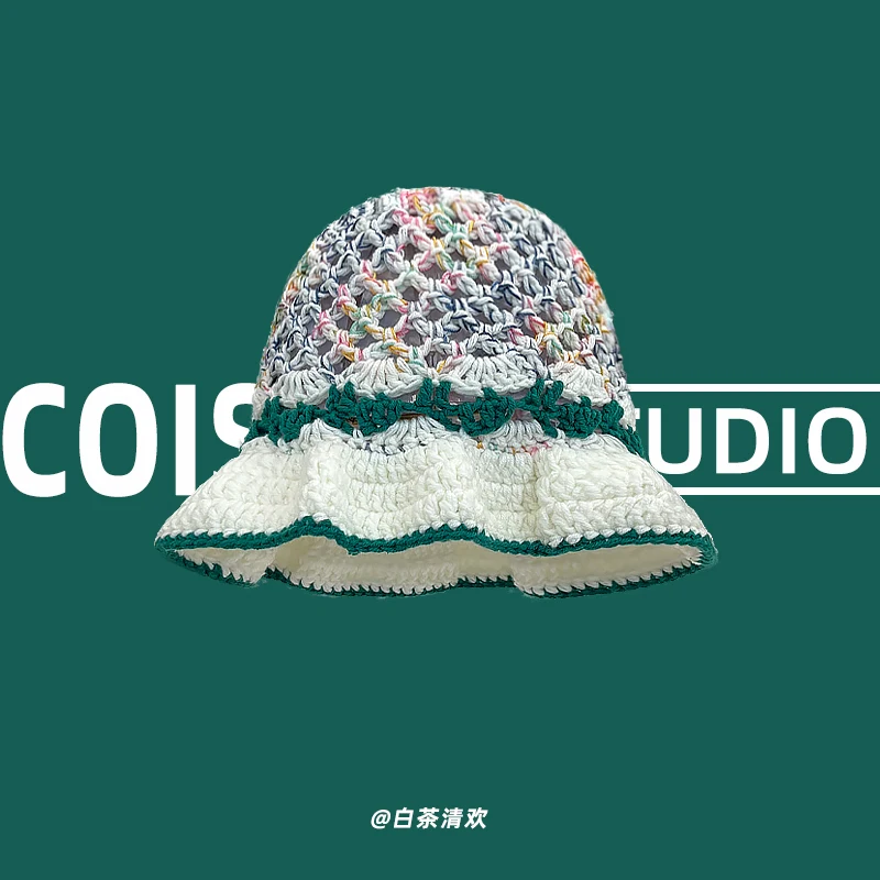 

Retro Dopamine Contrasting Color Hollow Knitted Bucket Hat Spring and Autumn Casual Versatile Show Face Small Sweet Woman's Caps