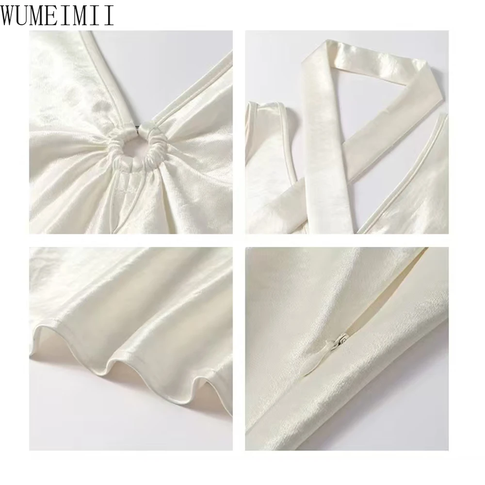 フランスの高級ストリーマーデザインベージュサテンVネックプリーツドレス、夏の新しいウエストスリムドレス