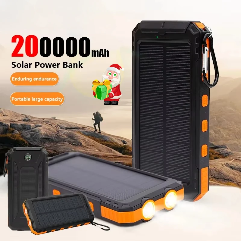 Solar 200000mAh Power Bank Portable Large Capacity Charger Compatible with IOS Android USB-A and USB-C Fast Charging