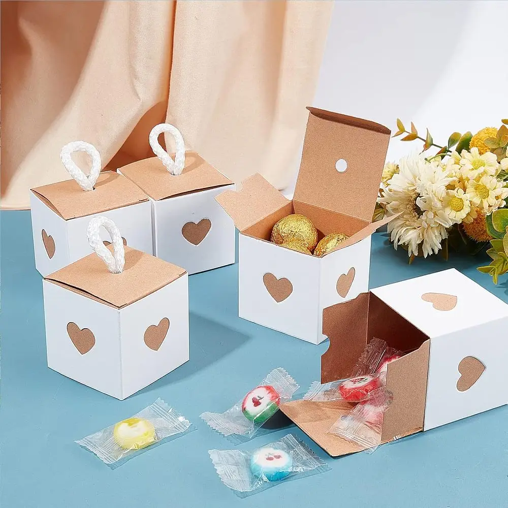60 Pcs Kraft Paper Box Mini Square with Heart Window Packaging Box Small Gift Wrap Boxes with Nylon Cord for Wedding Party