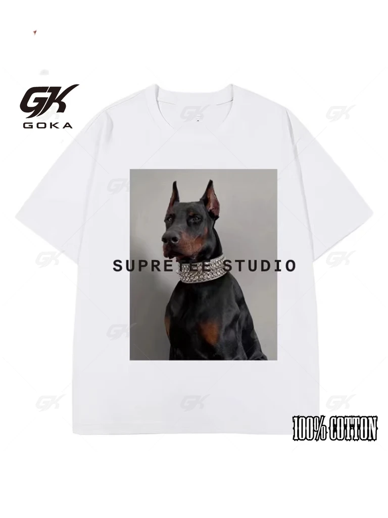 Anime Doberman Men's T-Shirts Hip Hop Retro American Short Sleeve Tee Tops Cotton Round Neck Loose Oversized T-Shirt