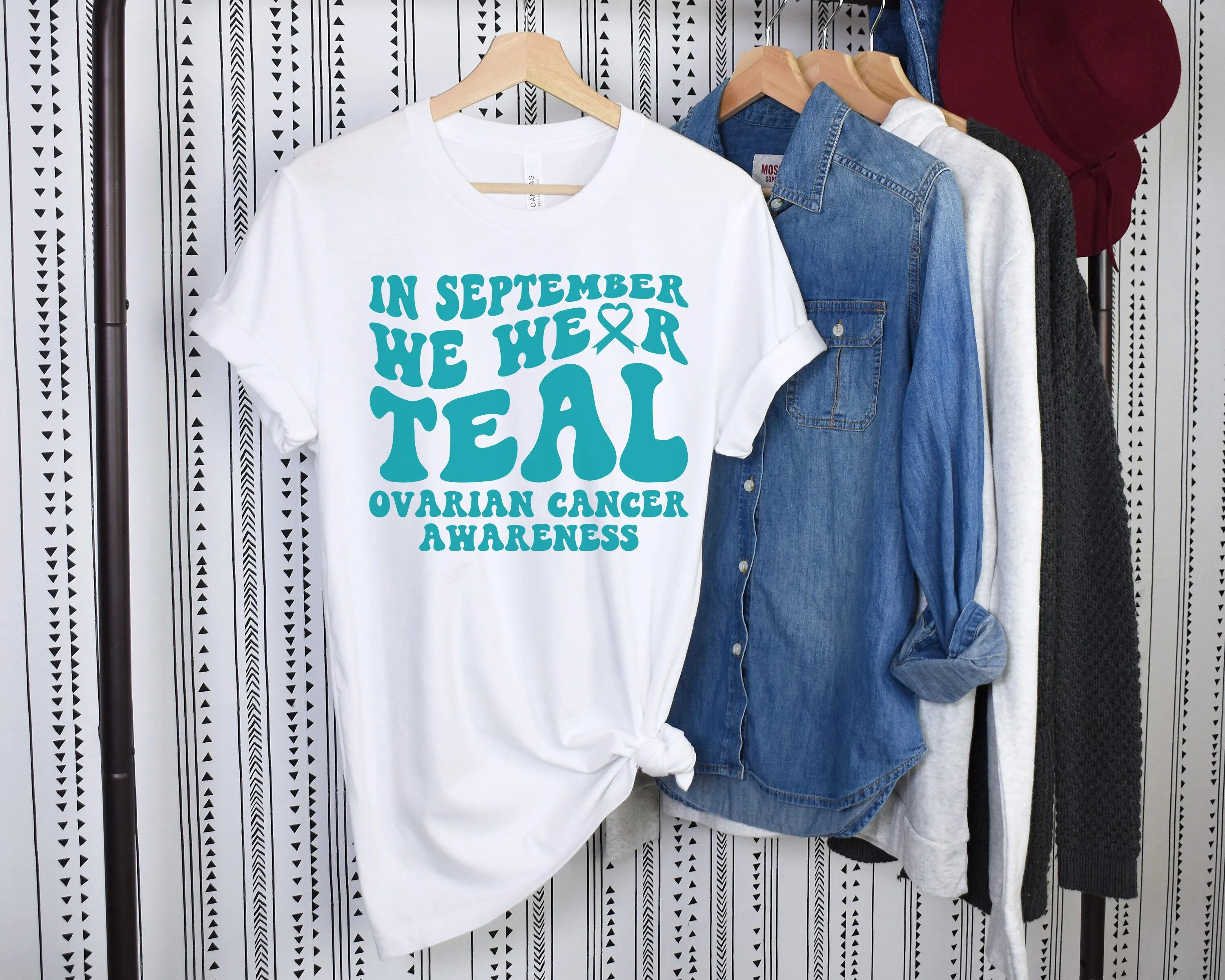 Ovarian Cancer Awareness T Shirt In September We Wear Teal Fight Walk Ribbon Support Squad